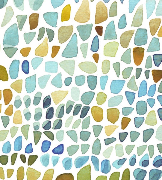 Sea Glass original painting Watercolor Beach Finds teal blue green peridot turquoise emerald  home decor