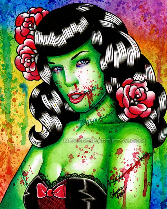 Bettie Page Zombie Doll Art Print by Carissa Rose apprx 11x14