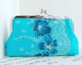 Turquoise blue silk clutch bag with embroidered flower overlay, Lace fashion.