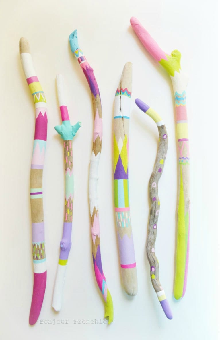 Painted Sticks, Driftwood 6 Piece Set, Long, Skinny - Triangles, Pattern, Bohemian, Boho Beach, Ocean Cottage, California, Neon, Pastel