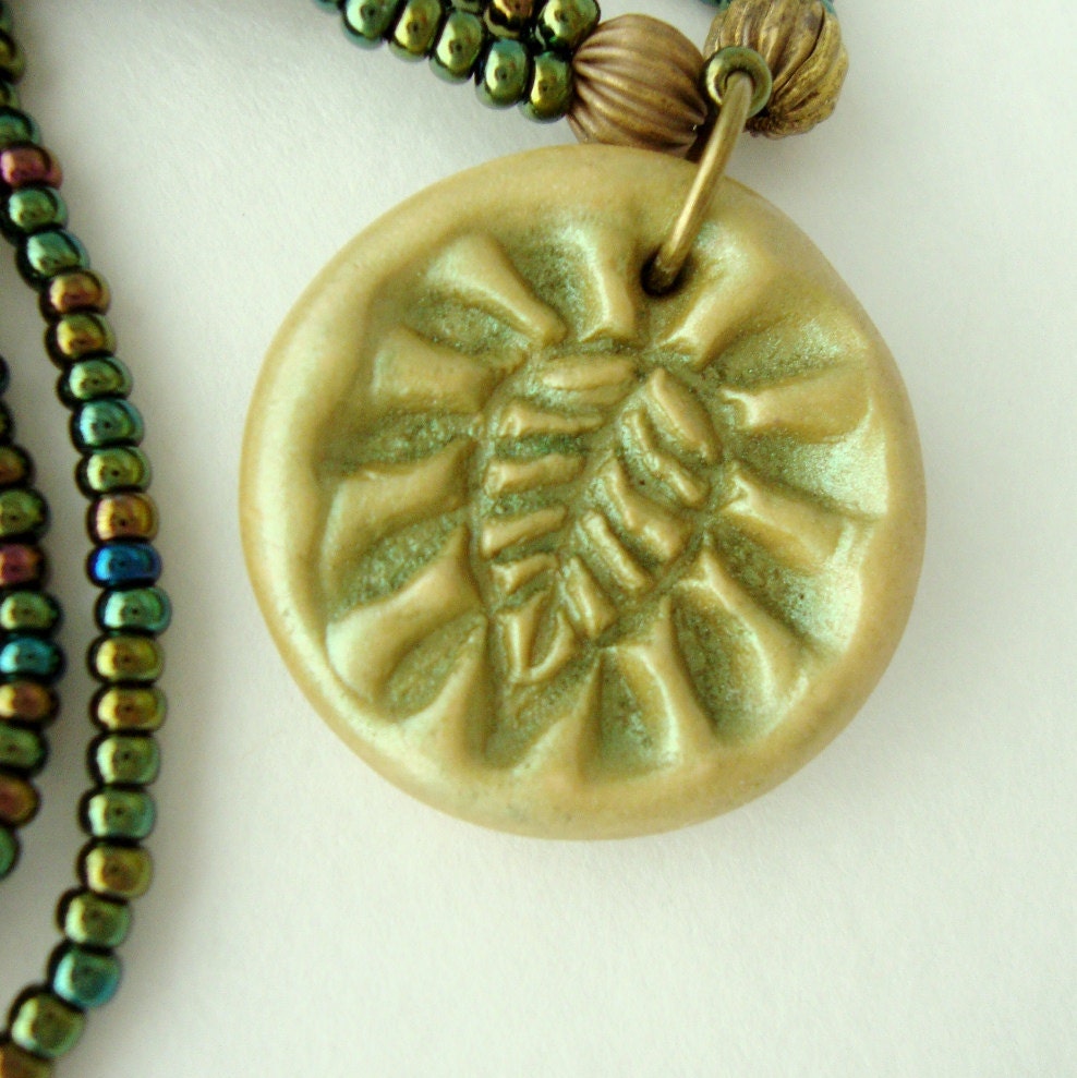 Jewelry Necklace Rustic Polymer Leaf Pendant Shimmer Green Pearl Three Strand Seed Bead
