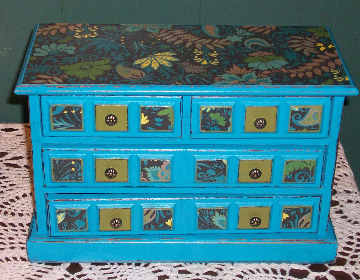 Vintage Recycled Blue & Green Distressed Jewelry Box