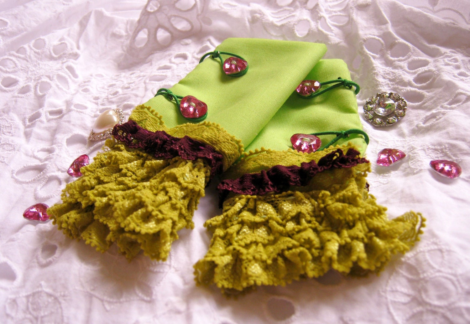Tea party inspired Wrist Cuffs in Lime and Plum Marie Antoinette inspired Mad hatter party Alice in Wonderland Afternoon Tea