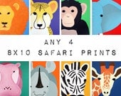 Jungle Animal Nursery Prints for baby & child. Any 4 - 8x10 prints of jungle zoo animals for kids rooms and playrooms