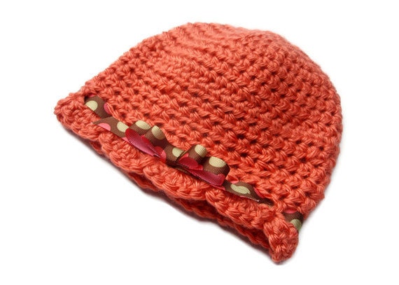 Crochet Girl's Hat - Handmade Cloche Style Hat w/ Bow - Salmon Pink