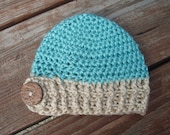 Crochet Baby Boy Hat - Blue Beanie w/ Ribbed Tan Band and Button
