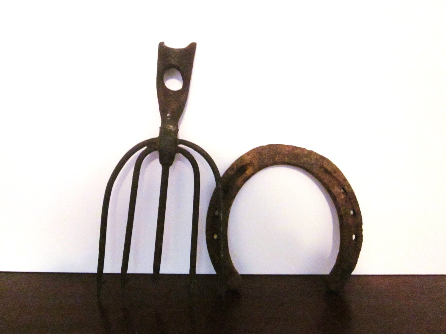 20% OFF SALE Rusty Farm Implements, Garden Tool and Horse Shoe, Mid Century, Rustic