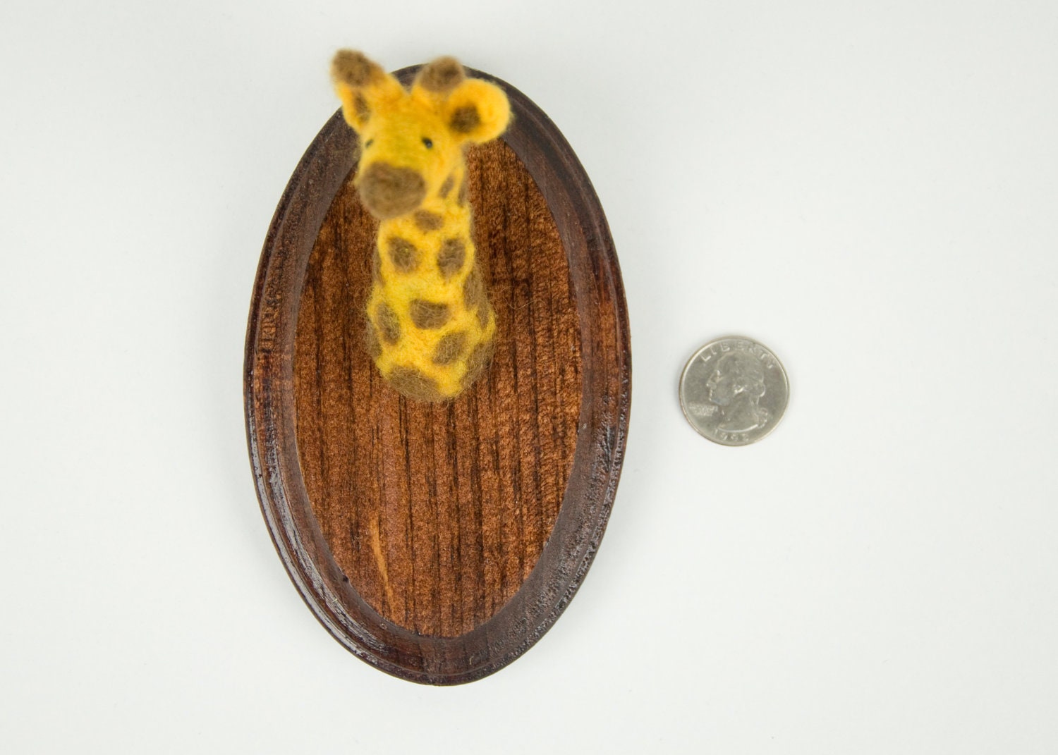 Miniature Needle-felted Giraffe Mounted Head on Wooden Plaque