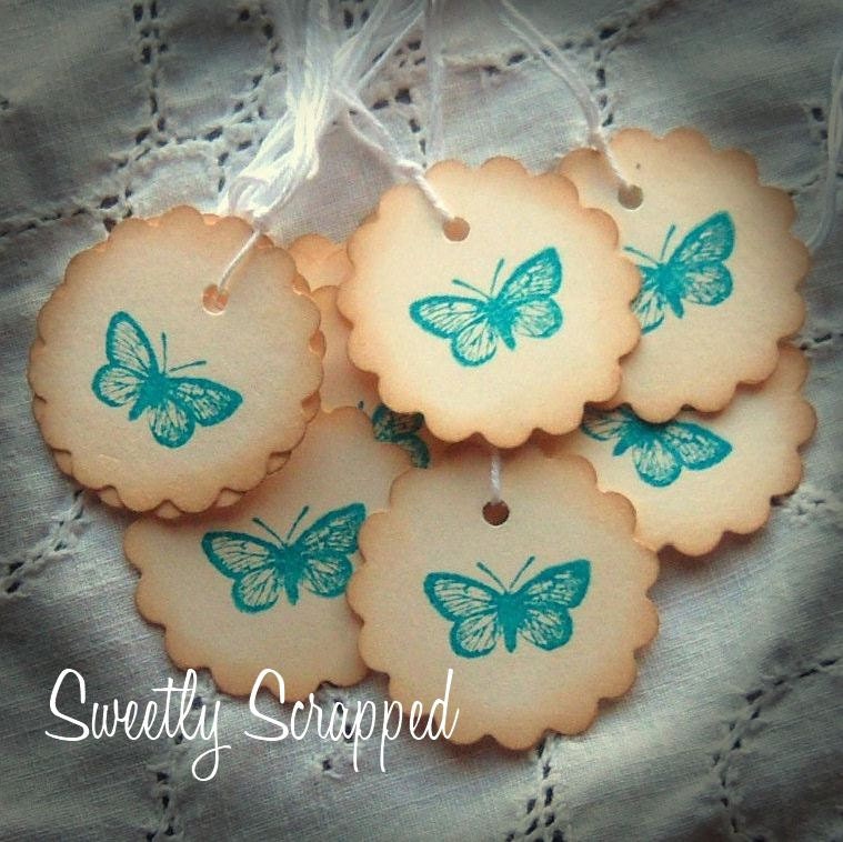 BUTTERFLY Hang Tags - Teal Aqua Turquoise Blue, Scalloped Circle, Hand Aged, Vintage Inspired 12