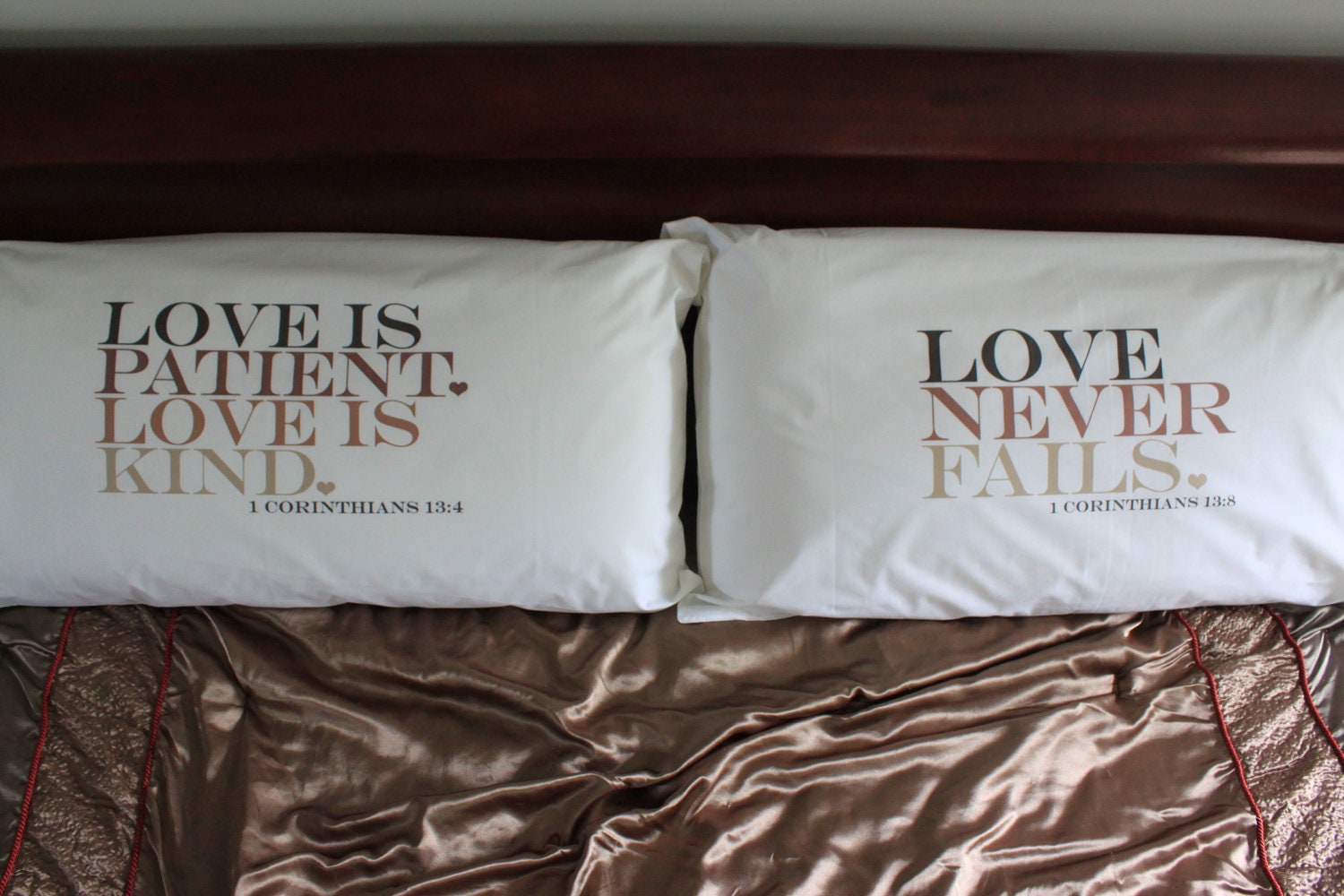 Egyptian cotton pillowcase set with Love is patient, love is kind AND Love never fails - special date option available