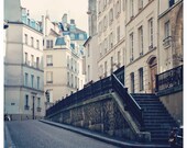 Paris Photography - Latin Quarter - street, stairway. walkway, buildings, cream, slate blue - 8x8 - Original Fine Art Photograph