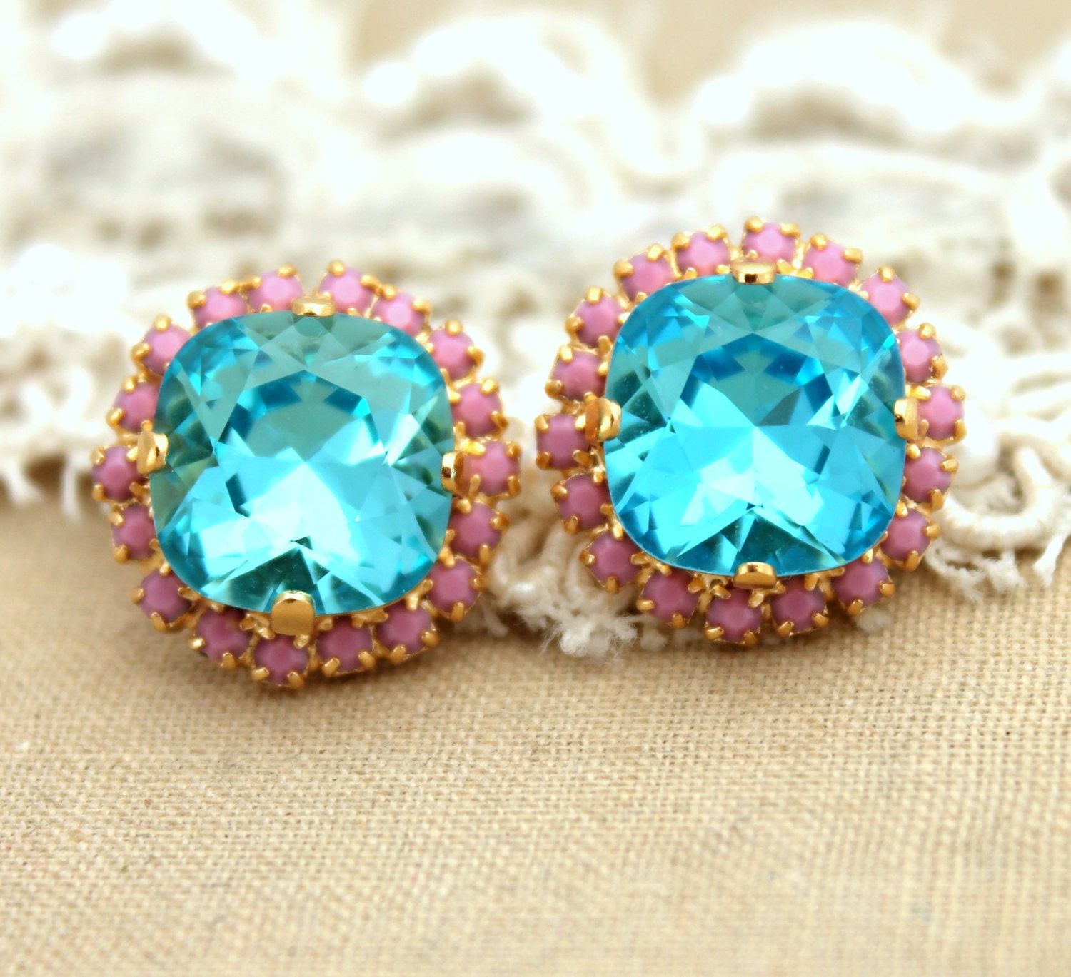 Aqua Pink Rhinestone Stud earrings -14kk plated gold post earrings real swarovski rhinestones.