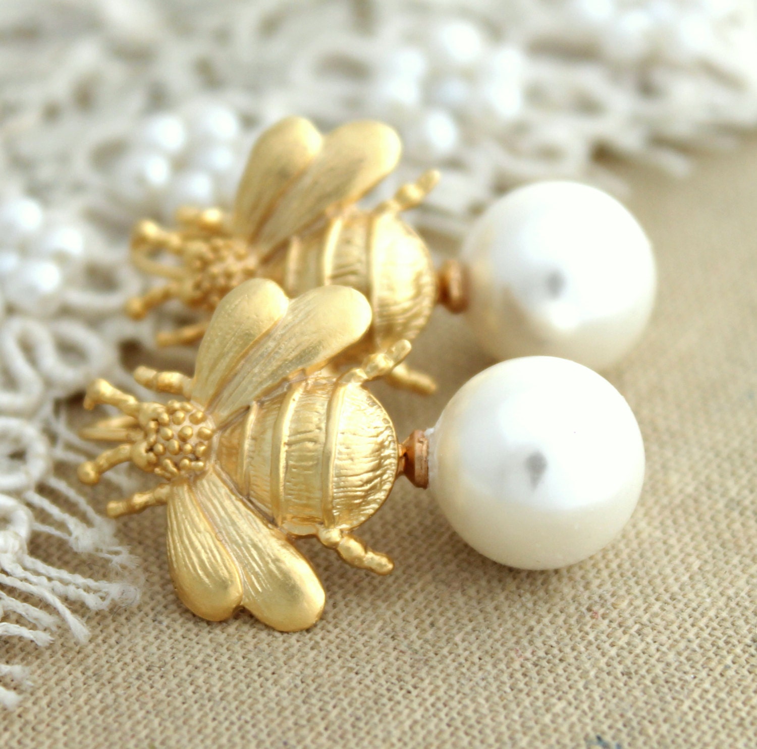 Gold Bee Majorica Pearl jewelry  - 14K Gold  plated over brass earrings with Majorica  pearls.
