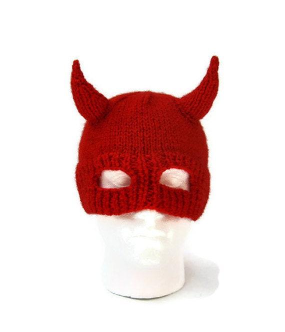 Red devil horns hat knit mens balaclava Halloween helmet with horns in chunky mohair blend wool