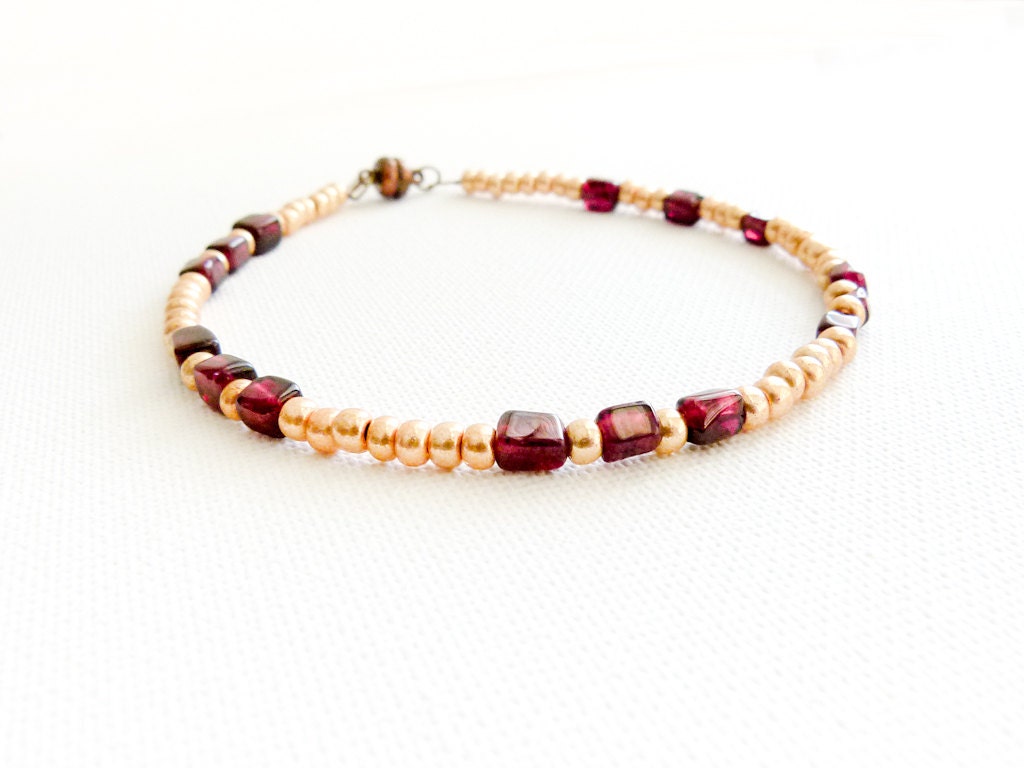 January birthstone  Garnet Gemstone gold  seed beads ankle bracelet.  Fashion sexy foot jewelry. Boxingdaysale