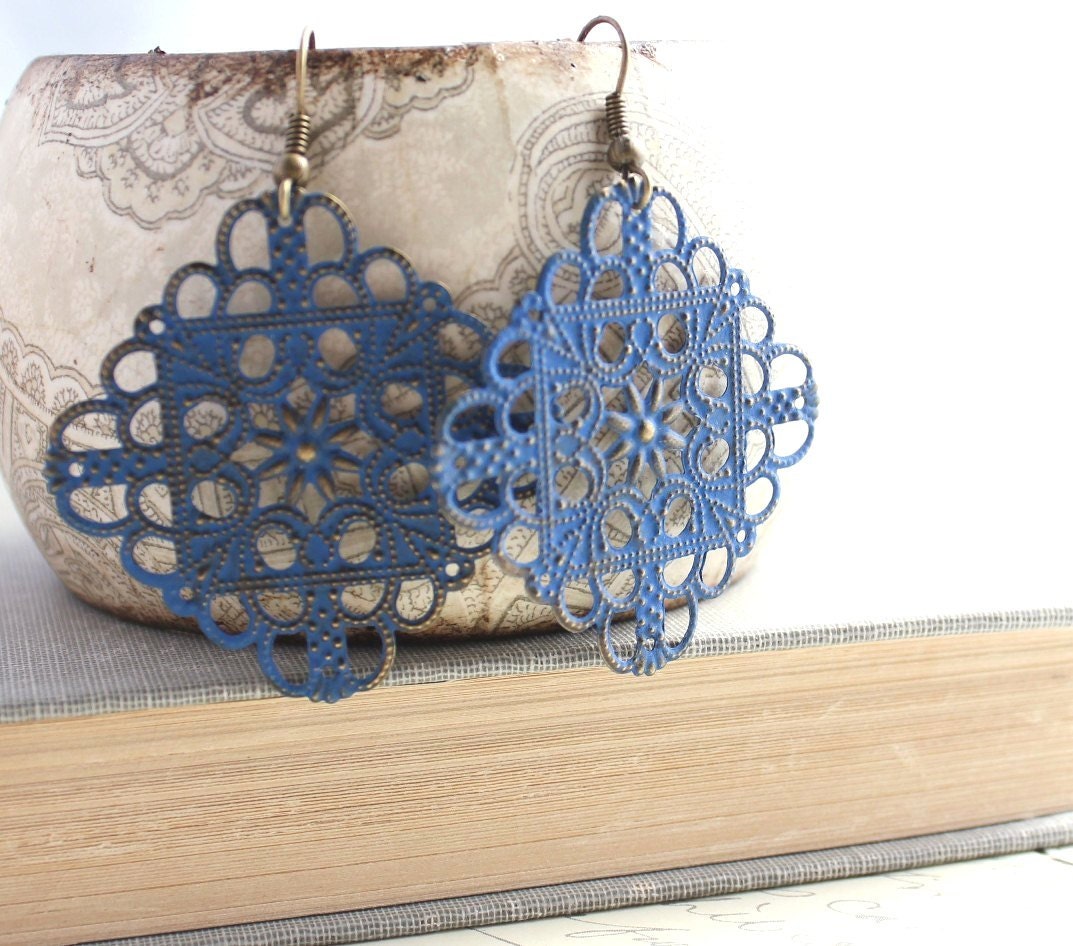 French Blue Earrings, Cobalt Blue Filigree Dangle Patina Jewelry, Indigo, Square Earrings, Summer Fashion, Bohemian Style