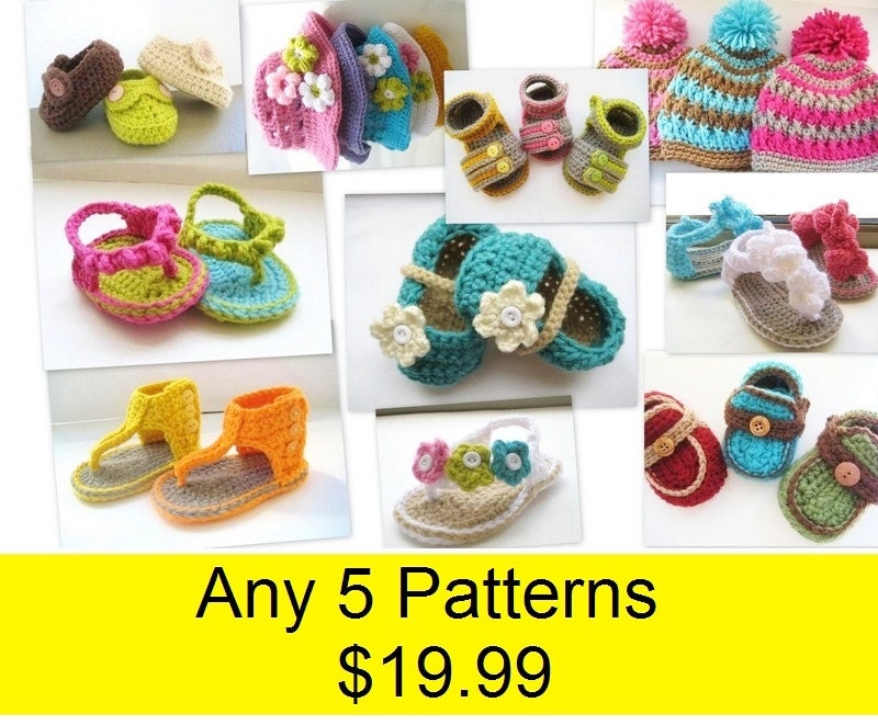 Sale , Crochet Pattern Booties , Last Day,  Any 5 Patterns for 19.99