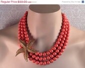 ON SALE Coral Pearls and Starfish Necklace
