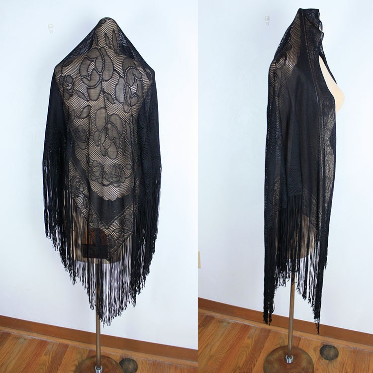 Vintage 80s Black FRINGE Sheer Shawl
