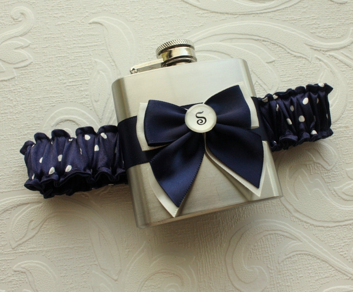 Personalized FLASK GARTER - Navy with Ivory Polka Dots