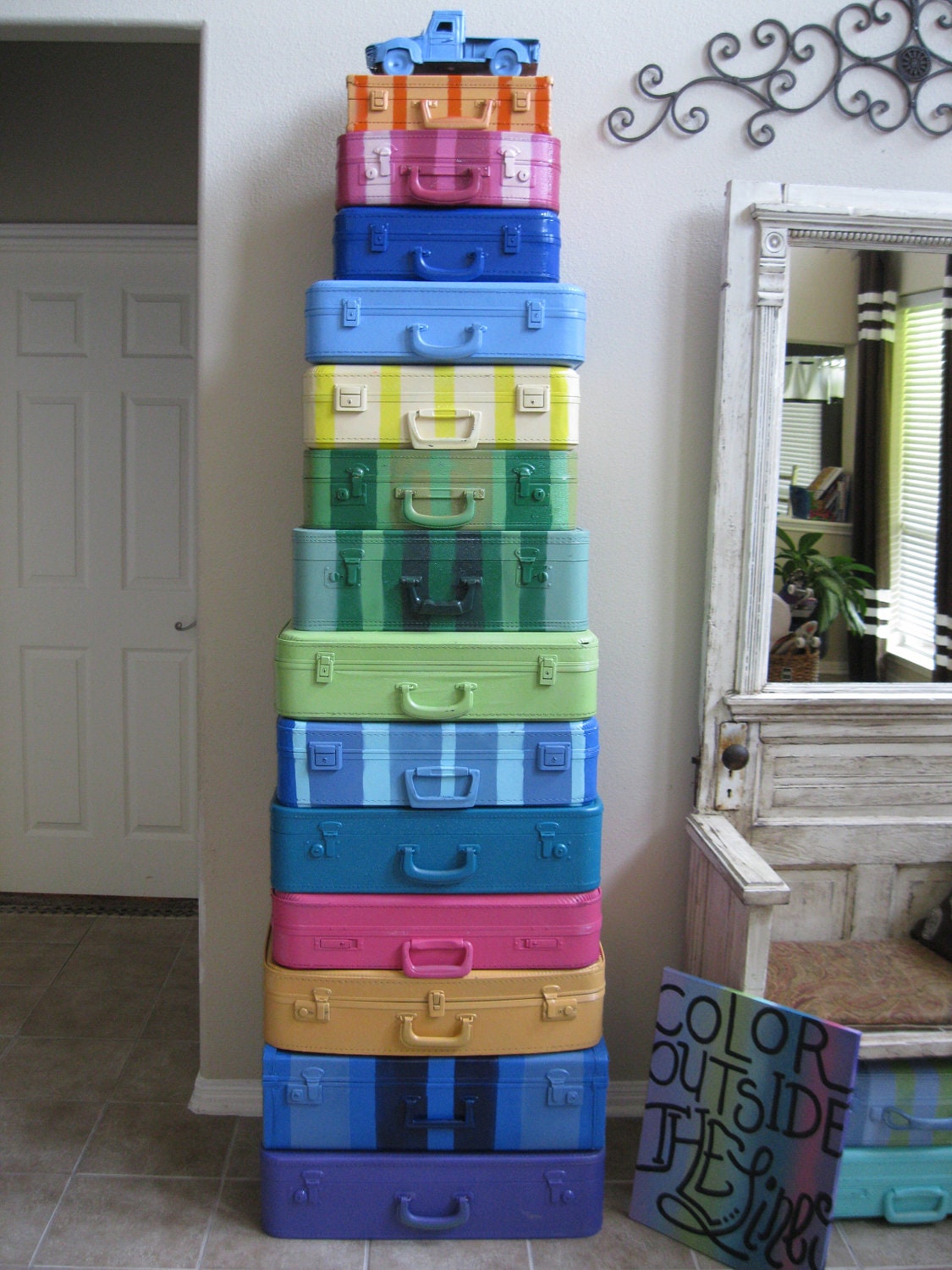 Jez4U Vintage Stack of 14 Suitcases over 7 feet tall Handpainted and Original custom order today Seriously the coolest stack EVER