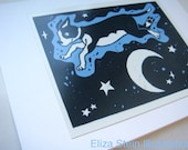 Dog Greeting Card, Moon and Stars, Blue and Black, Cute Puppy, Blank, 5x7
