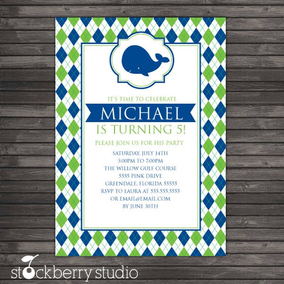 Preppy Blue Whale Argyle Printable Birthday Invitation party 5x7 invitation or Baby Shower Il_570xn