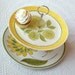Yellow & Green Daisies Mod Hostess Stand, 2 Tier Vintage Plates Cupcake Display Centerpiece for Birthday Party, Cookies or Kid Treats