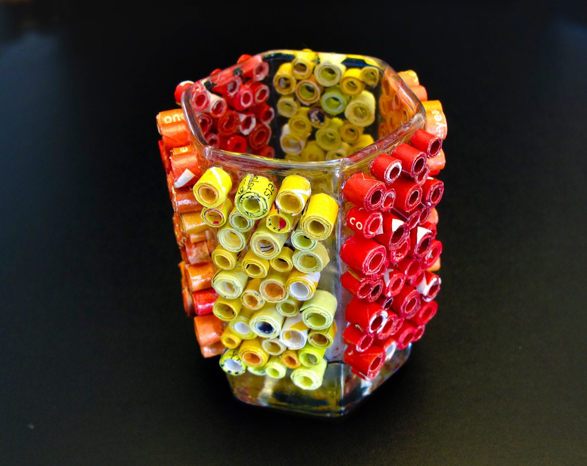 Votive Candle Holder - Red, Orange & Yellow Candle Holder Made with Recycled Magazines