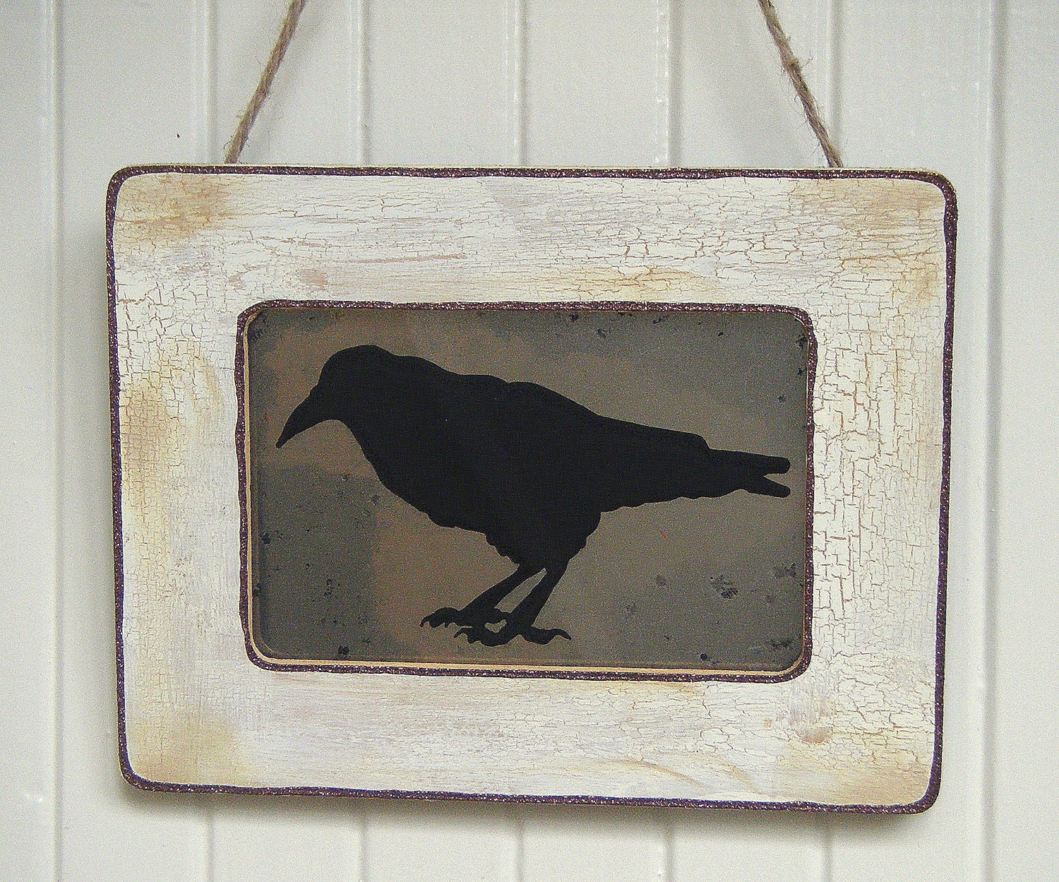 RAVEN Silhouette Antiqued Mirror in White and Brown Rustic Frame