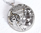 Steampunk Necklace -Unbelievably Stunning 109 yrs old GUILLOCHE ETCHED Spade WALTHAM Antique Pocket Watch Movement Silver Steampunk Necklace