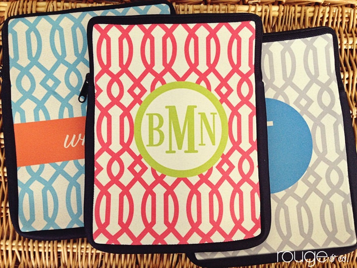 iPad or kindle sleeve - reverse-trellis pattern with monogram