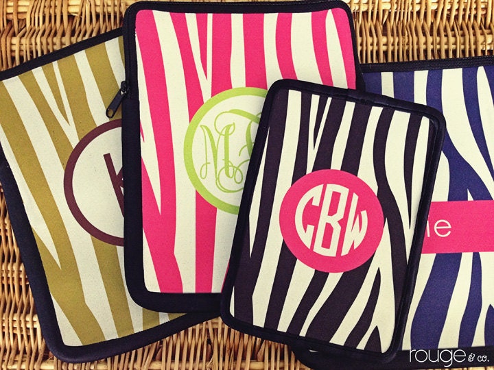 iPad or kindle sleeve - zebra pattern with monogram