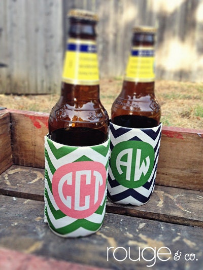 chevron koozie with monogram - choose from 9 different chevron color combos - see pic 2 to view options