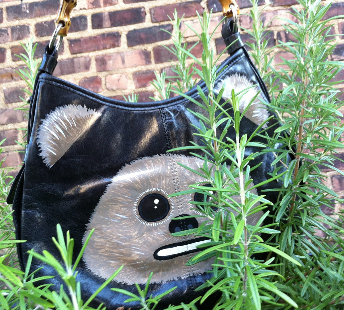 An Ewok on the moon of Endor: Upcycled hand painted black leather purse