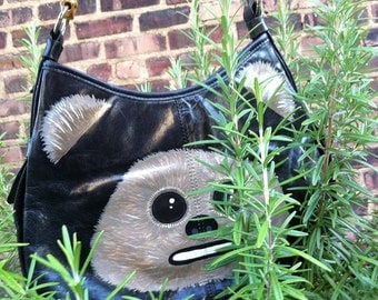 An Ewok on the moon of Endor: Upcycled hand painted black leather purse