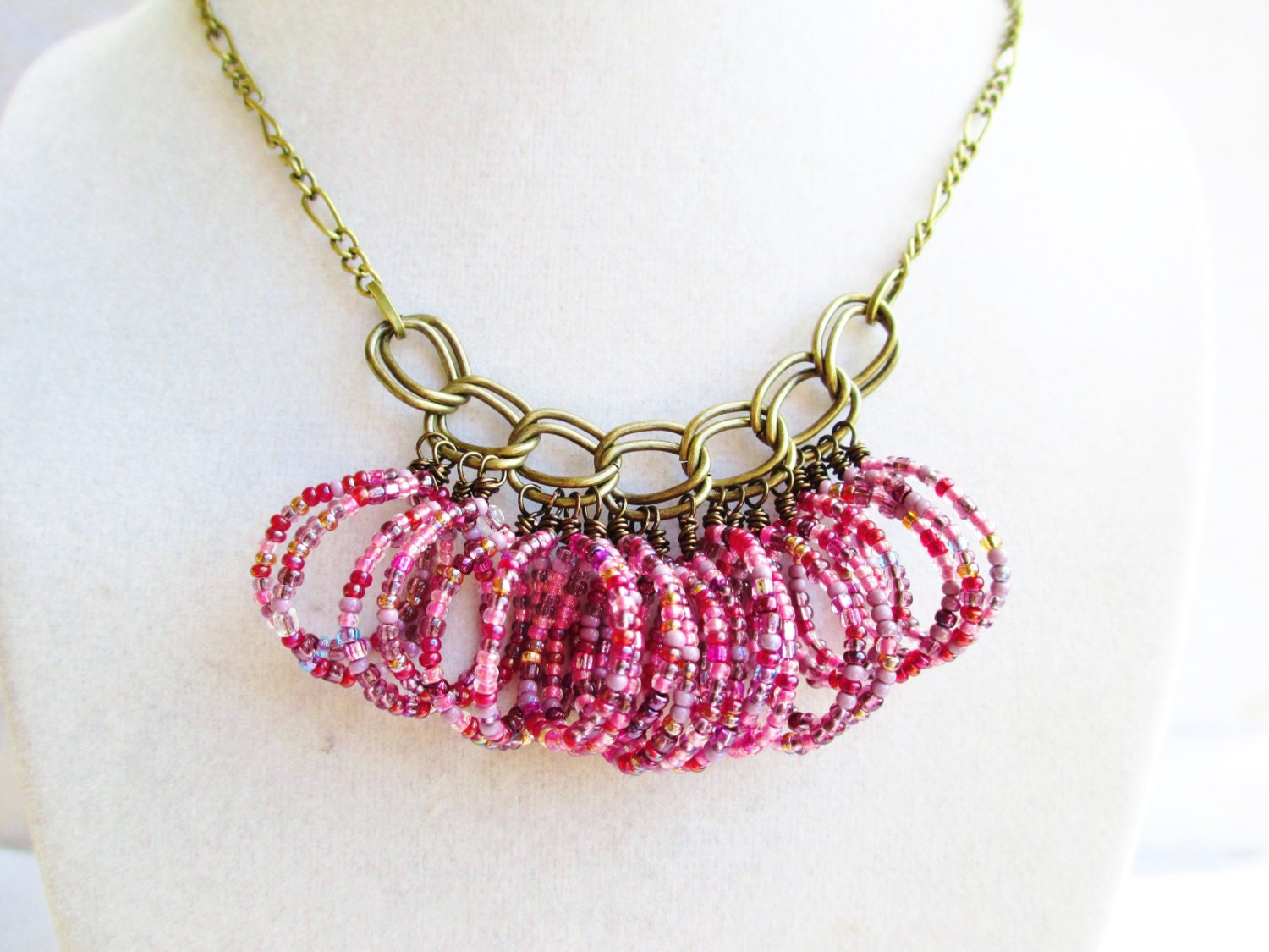 Beaded Fringe Loops Pink & Purple Boho Style Dangly Necklace