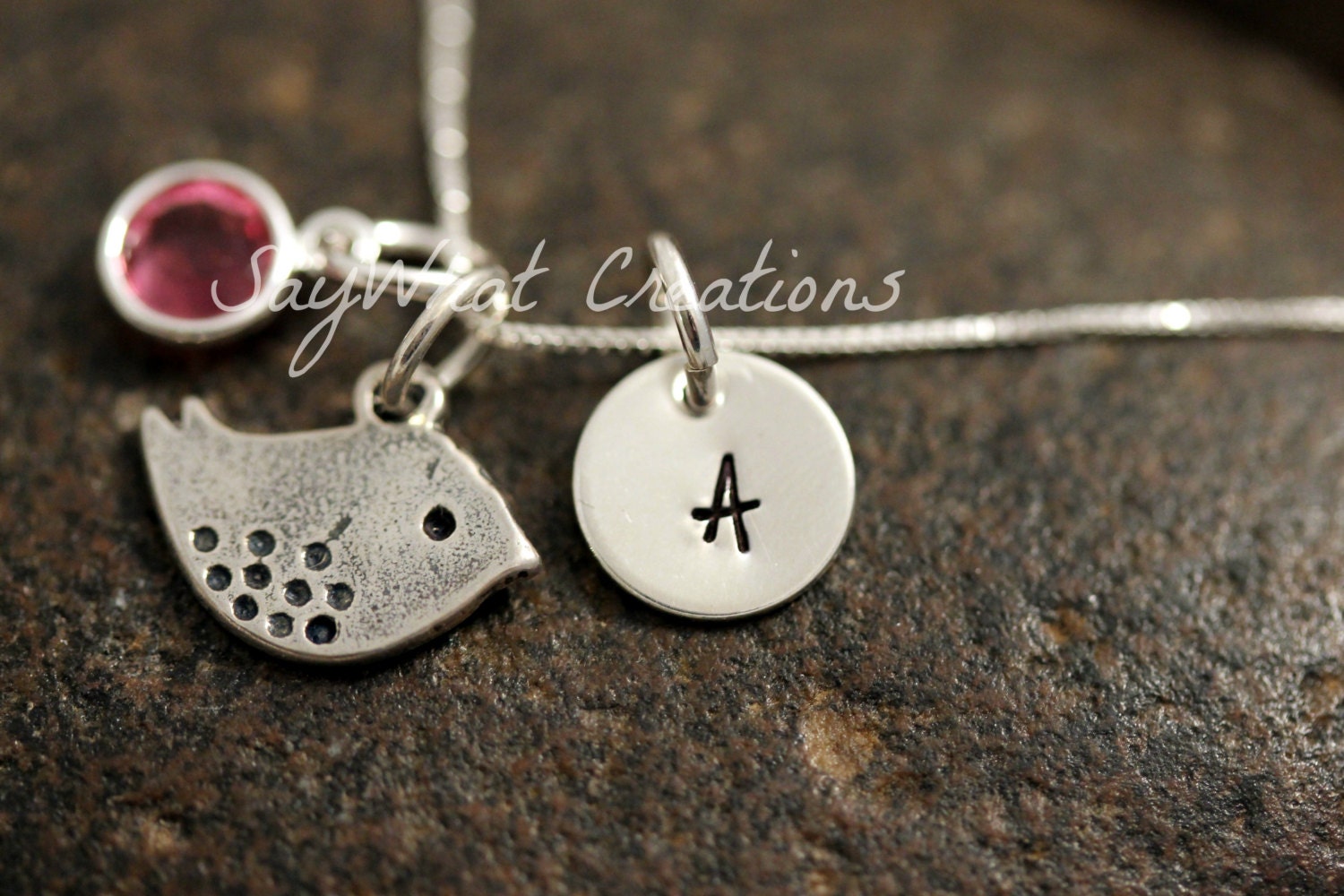 Sterling Silver Mini Initial Charm Necklace with Chick Bird Charm and birthstone