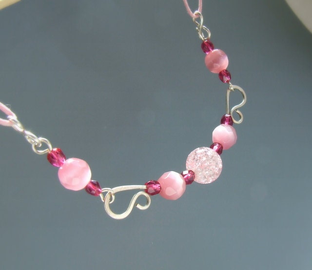 Raspberry pink necklace silver plated handmade elegant, romantic wire wrapped jewelry
