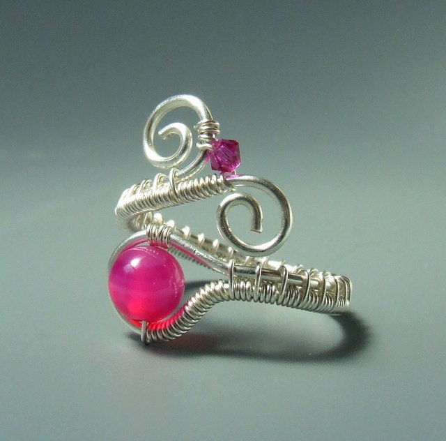 Pink agate ring, stone silver plated wire wrapped adjustable jewelry