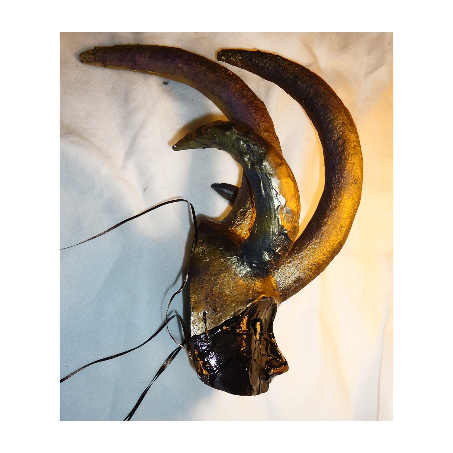 black and gold Masquerade paper mache clay horned Helmet Mask, Handmade, handpainted, ooak, halloween mask, Horned mask