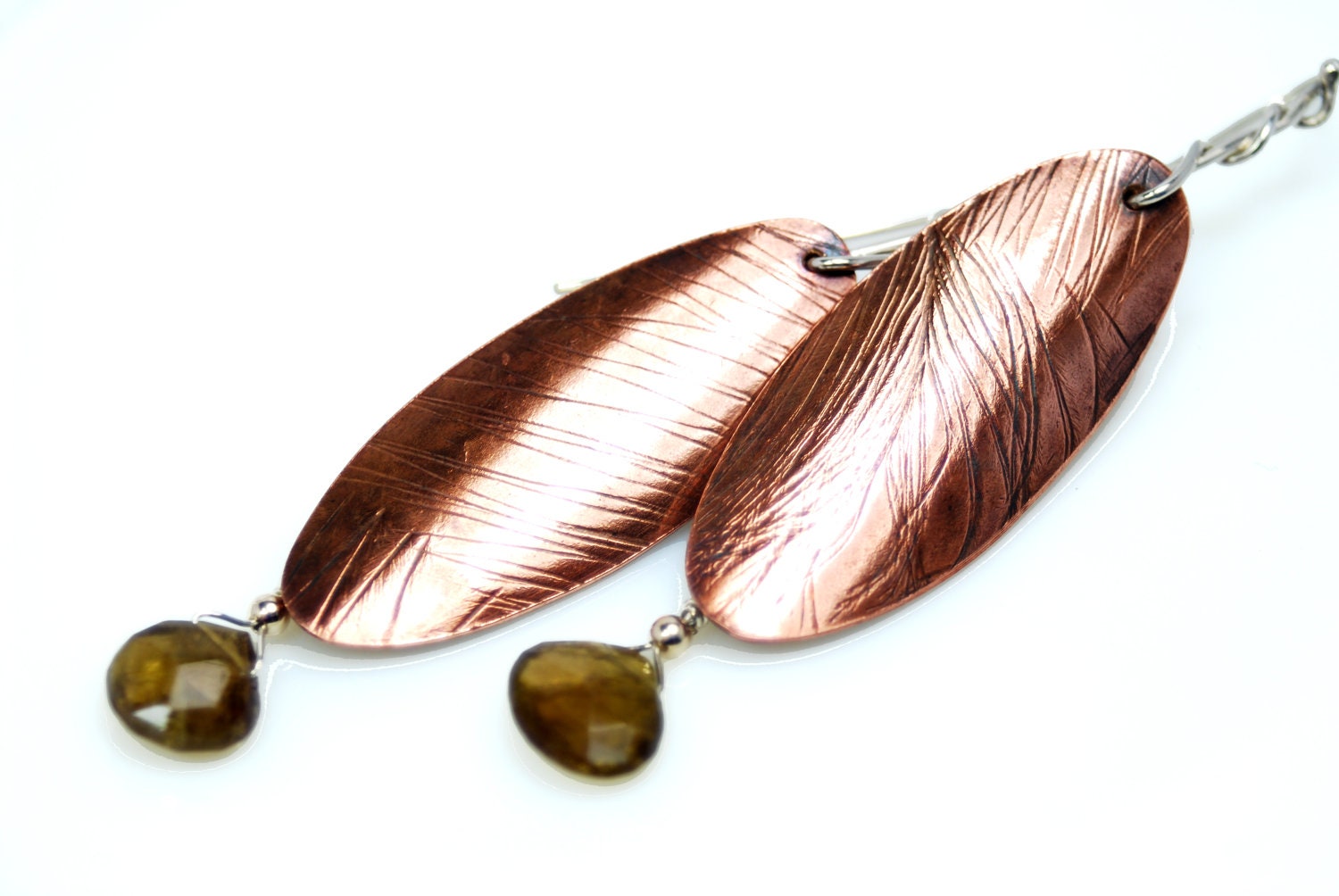 copper feather impression earrings with tourmaline- OOAK