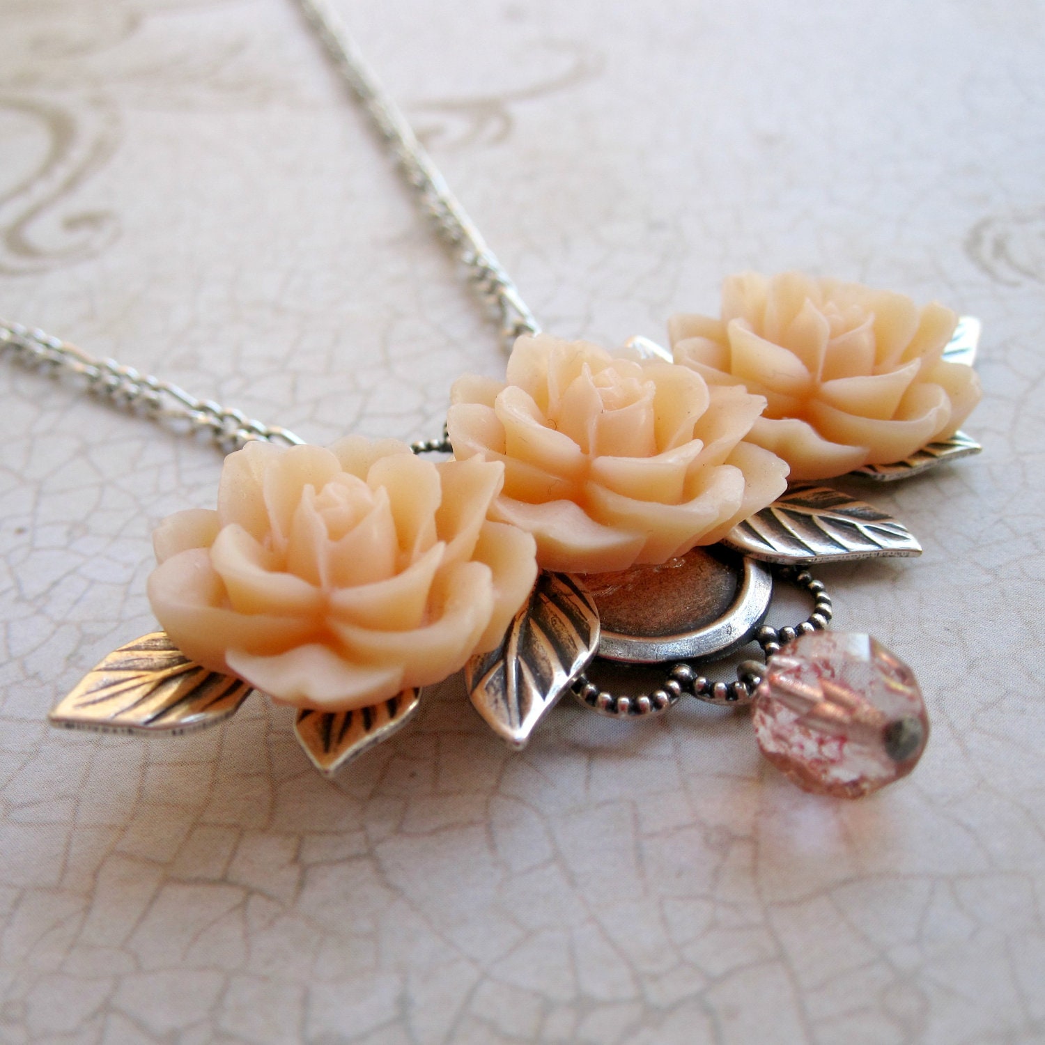 Flower Necklace - Peach - Blush - Bridal Jewelry - Silver Necklace - Romantic - Floral Necklace - Roses
