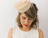 Tweed Fabric Covered Pillbox Hat w Peach Birdcage Veil