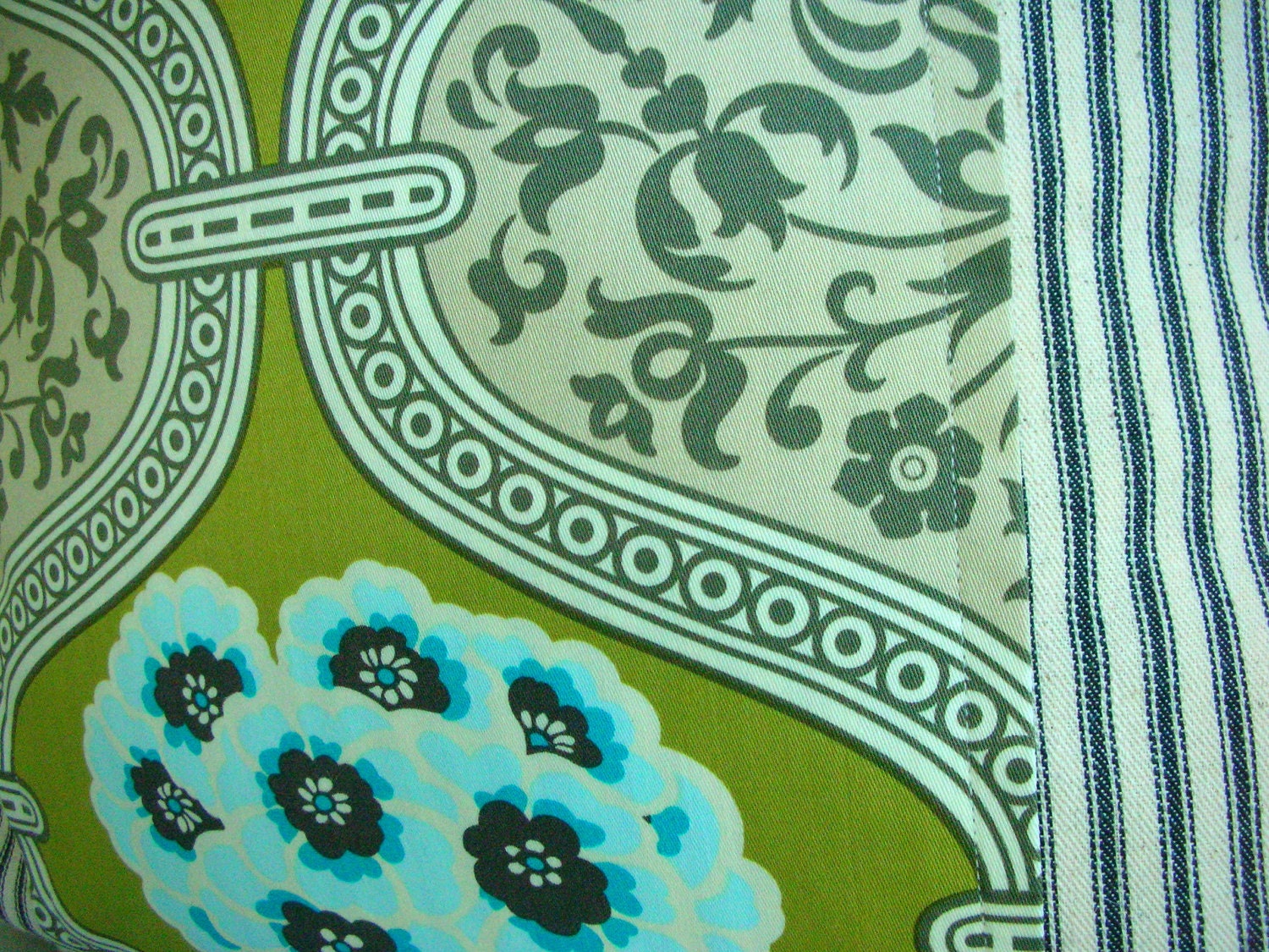 Decorative Pillow Cover - Throw PIllow - Bohemian Chic Cottage - Black IvoryTicking Floral Lattice - Olive Chartreuse Green Aqua Turquoise