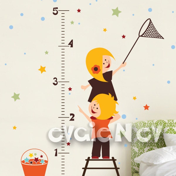 Growth Chart Wall Decals - Outer Space Wall Stickers with SpaceKids Collecting Stars - PLOS070g