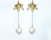 Moonlit lotus. Lotus flower and moon pearl earrings. Long gold filled earrings with coin pearl drop. bridal wedding