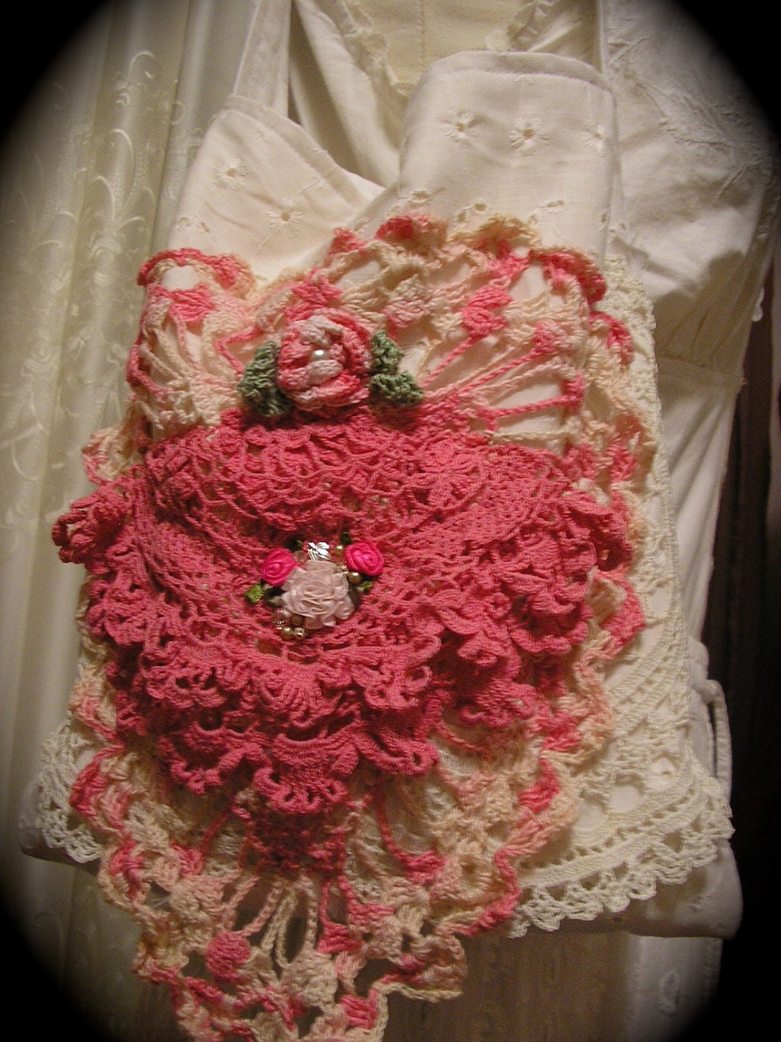 Pink Doily Bag vintage crocheted doilies handmade white cotton whimsy lace paris chic french shabby whimsical