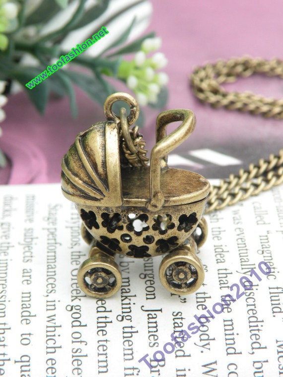 Pretty retro copper brass 3d baby carriage necklace pendant punk style