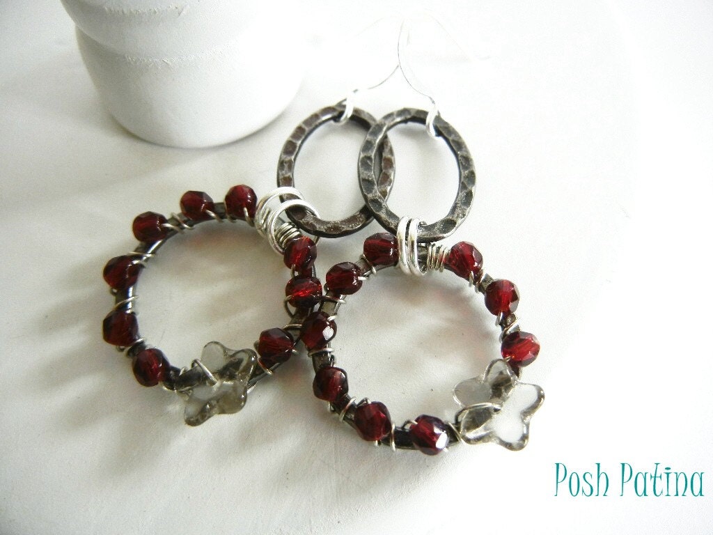 Barcelona - Garnet Red and Smokey Gray Wrapped Hoop Earrings